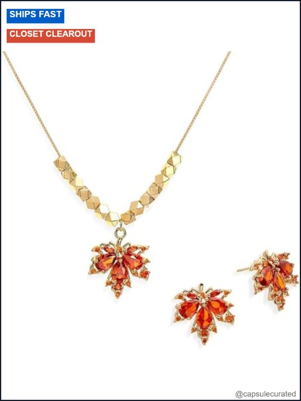 Maple Leaf Necklace & Earrings Set, Alloy, Sparkly, Fall Jewelry